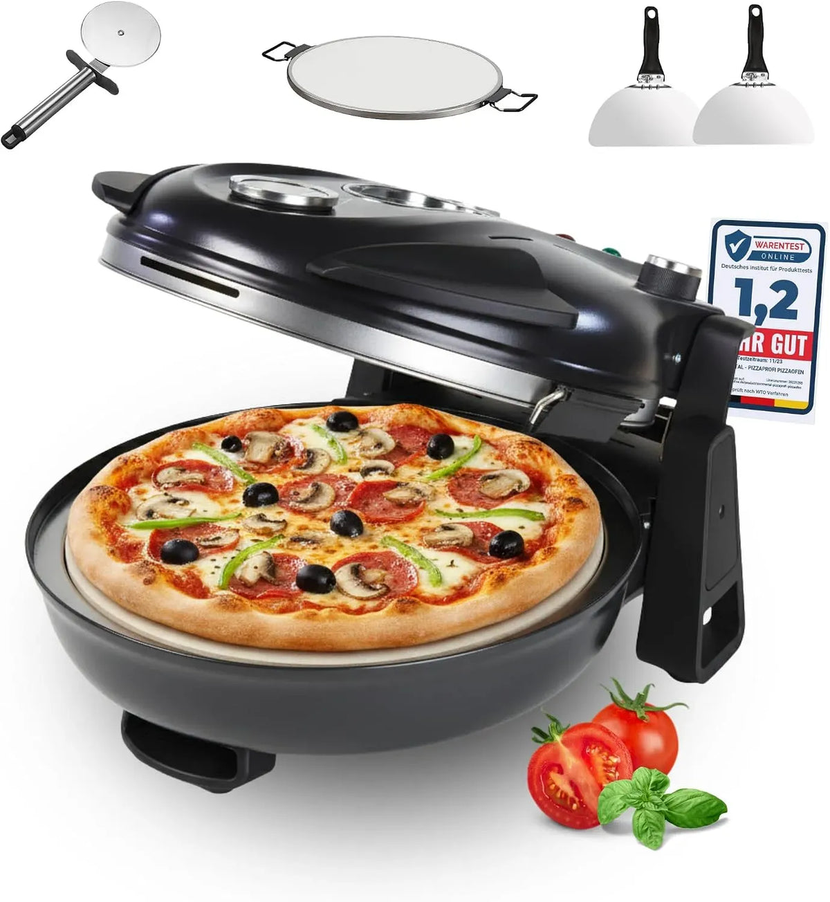 Forno elettrico per pizza, 32 Cm, pietra refrattaria, Set da 5 Pezzi Con Inserto per Padella, 3 Minuti per Pizza, Sommertal PizzaProfi, 2 Pale