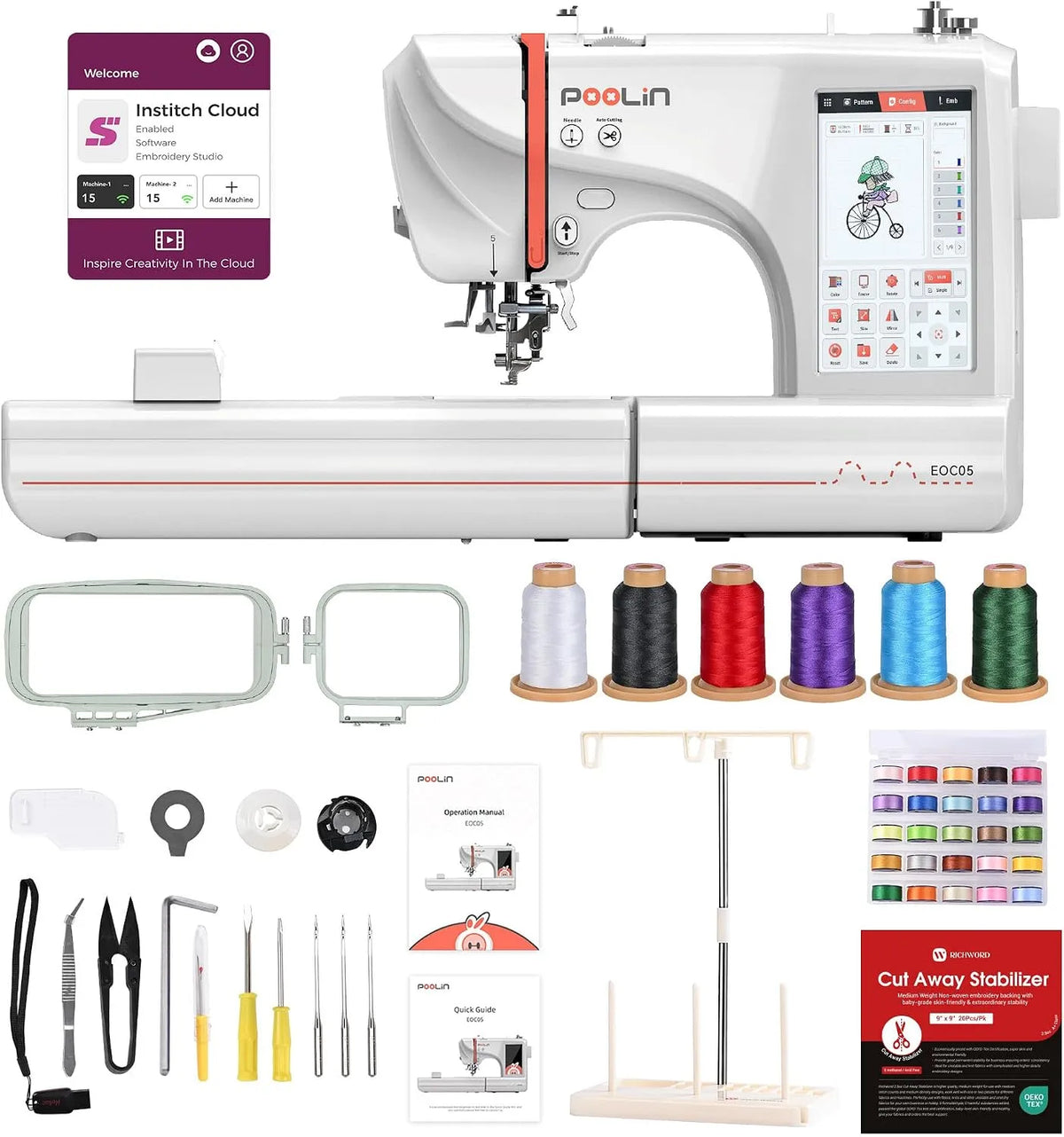 EOC05 macchina da ricamo, ricamatrice elettrica, 10×10 cm, 23,5 cm, touch, Wi-Fi, USB, display LCD, per principianti ed esperti, PooLin