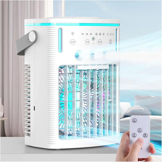 Condizionatore, portatile, timer, 3 velocità, ampio serbatoio, serbatoio dell'acqua da 1000 ml, umidificatore 4 in 1 e luce notturna, timer 2-8 ore