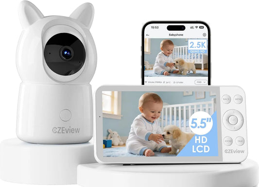 Monitor, CZEview 2.5K, bianco, schermo per PC, monitor video per bambini, 5,5' Baby Monitor Video e Audio