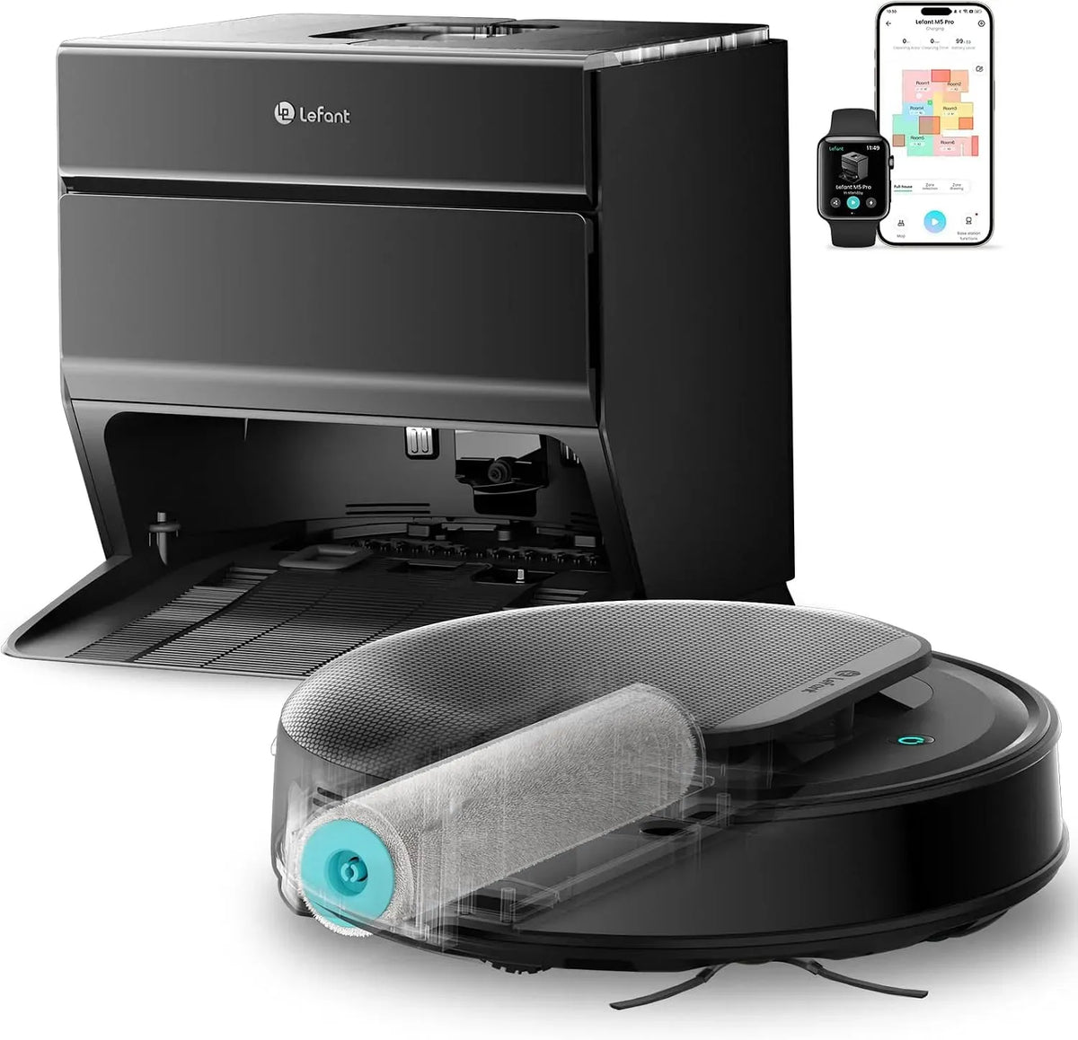 Lefant 120gg Robot aspirapolvere, 20cm, nero, Lavaggio Acqua Viva 75°C + Asciugatura