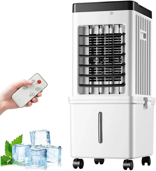 Ventilatore, 15 L, portatile, ruote di trasporto, timer, 3 velocità, ampio serbatoio, bianco, Timer da 7,5 Ore, Raffrescatore Evaporativo Portatile