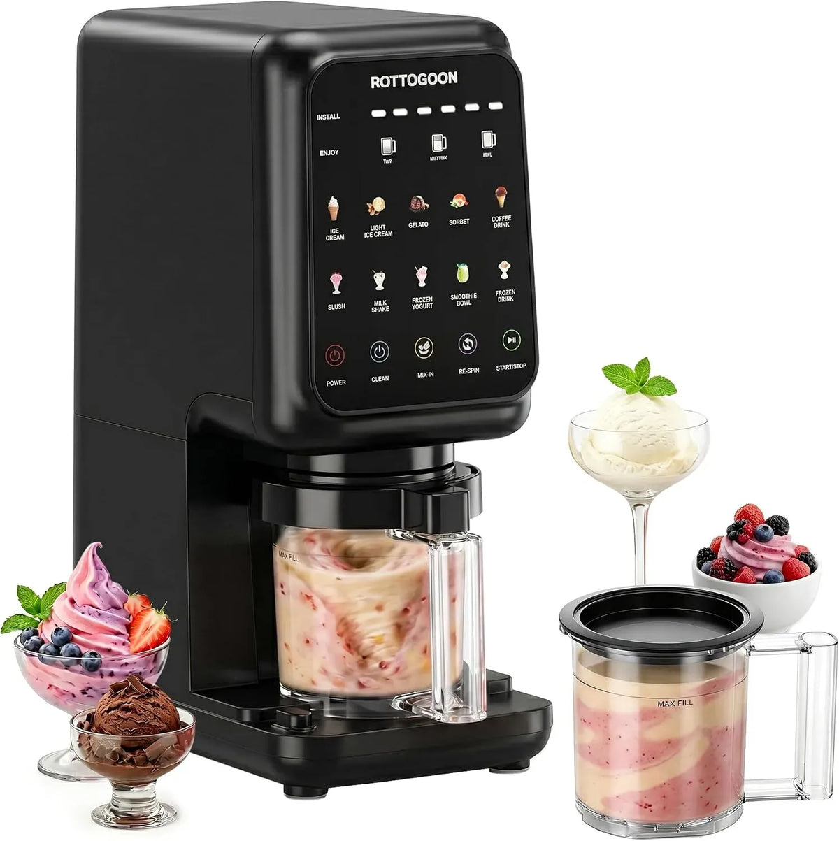 sorbetto, gelato e Frozen Yogurt, per la casa con mix in funzione e programma di pulizia automatico, Gelatiera con 3 bicchieri, 10 programmi per