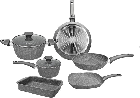 set di pentole e padelle, Batteria, grill, 8 Pezzi, grigio, alluminio