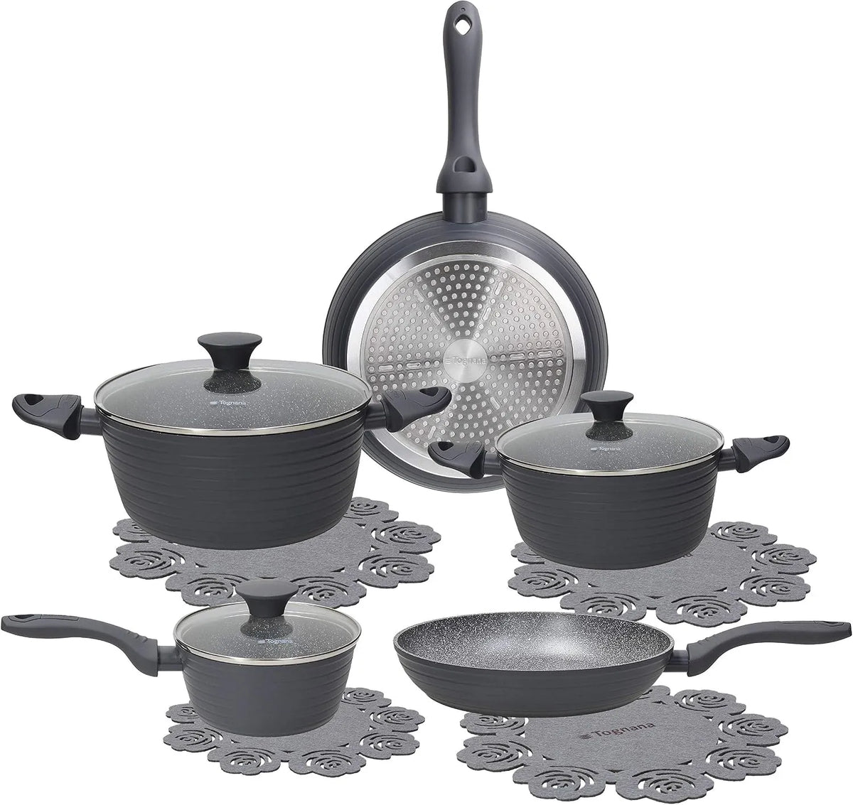 Pentola e padella, grigio, Set con 2 padelle, 3 coperchi trasparenti, 8 Pezzi, 3 casseruole