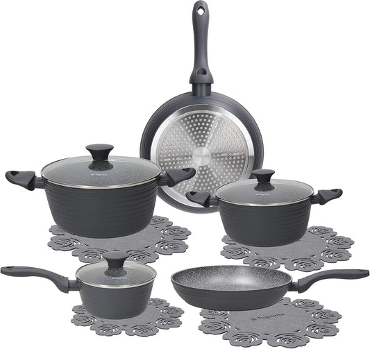 Pentola e padella, grigio, Set con 2 padelle, 3 coperchi trasparenti, 8 Pezzi, 3 casseruole