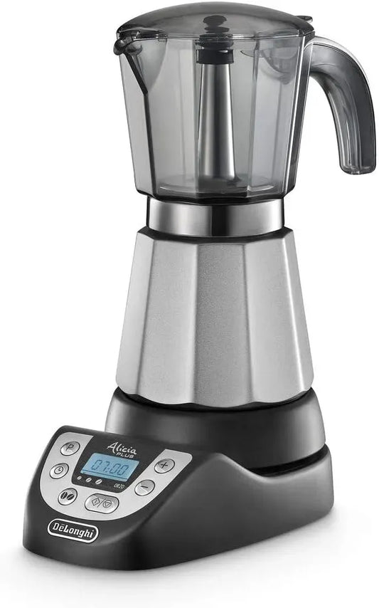 De'Longhi EMKP63.B Nero/Argento, Funzione ORZO, per Spegnimento automatico, Alicia PLUS Caffettiera Moka Elettrica 3-6 Tazze, Caffè caldo per 30