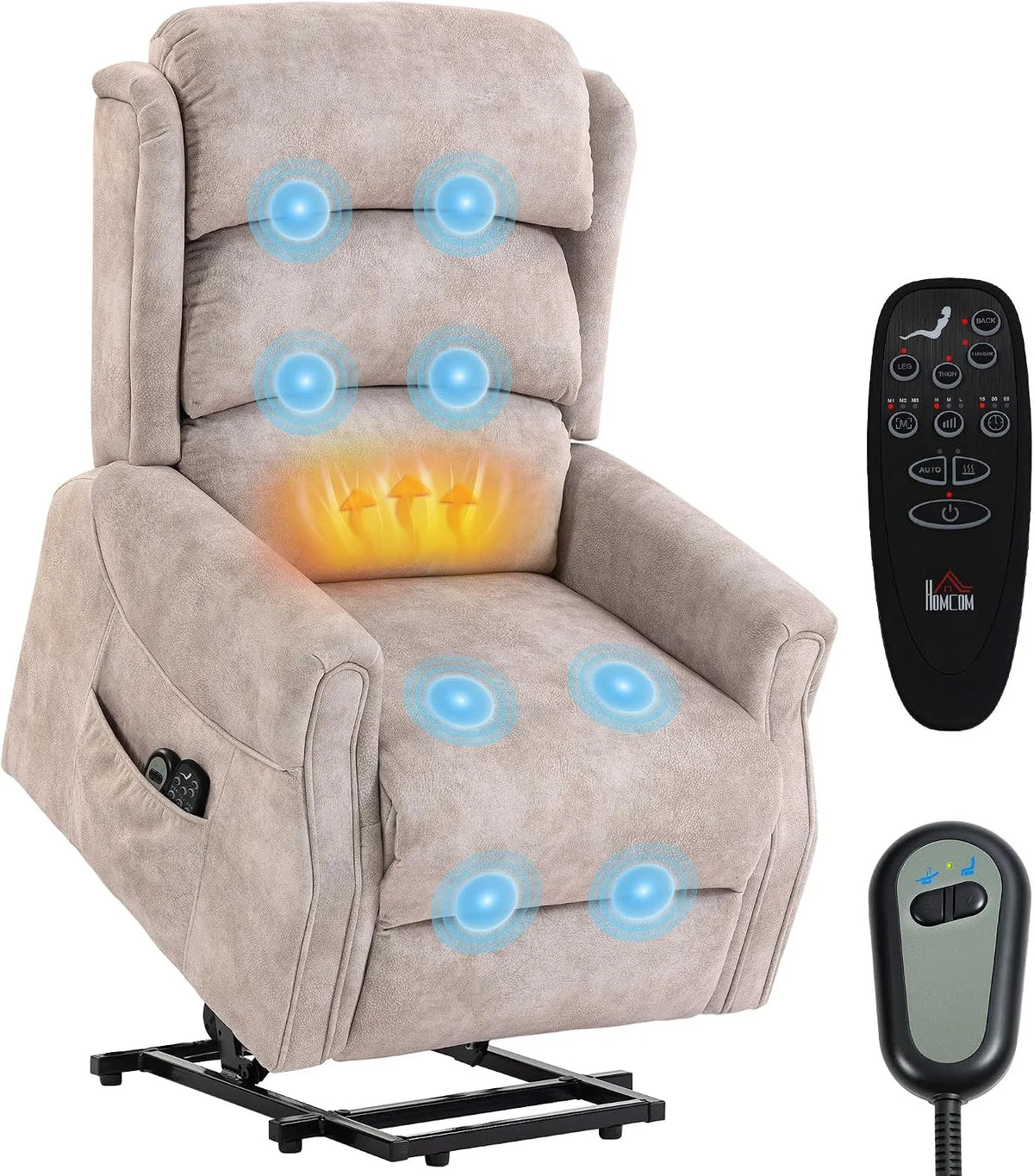 Poltrona, funzione riscaldante, HOMCOM, Poltrona sollevamento elettrica Massaggio Vibrazione Calore Beige