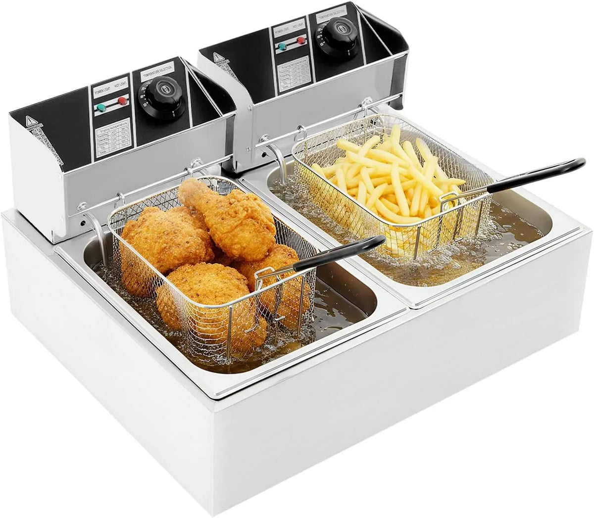 l+6 friggitrice ad olio per friggere patatine fritte/ali, 6 l, Friggitrice elettrica a due serbatoi con 2 cestelli 2,5 kW, controllo indipendente