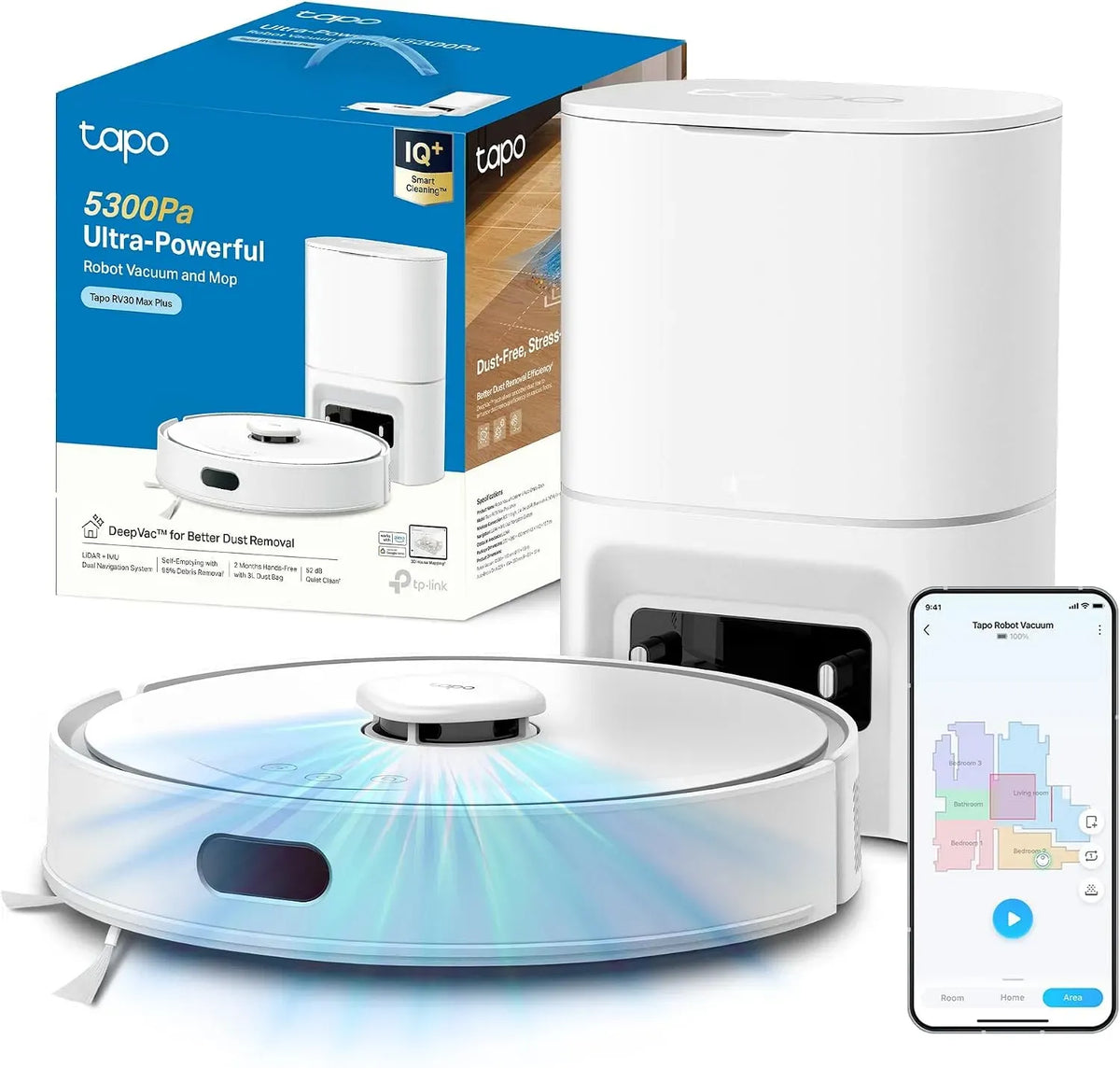 Google RV30 Robot aspirapolvere, 3 L, app, Google Assistant, Alexa e Siri, bianco, Svuotamento Automatico Polvere 3L, Doppia Navigazione LiDAR+IMU