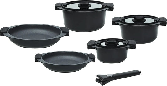 Set di pentole e 2 padelle antiaderenti, Tognana Avantspace, 3 casseruole, 3 coperchi trasparenti, 8 Pezzi, salvaspazio con manico amovibile