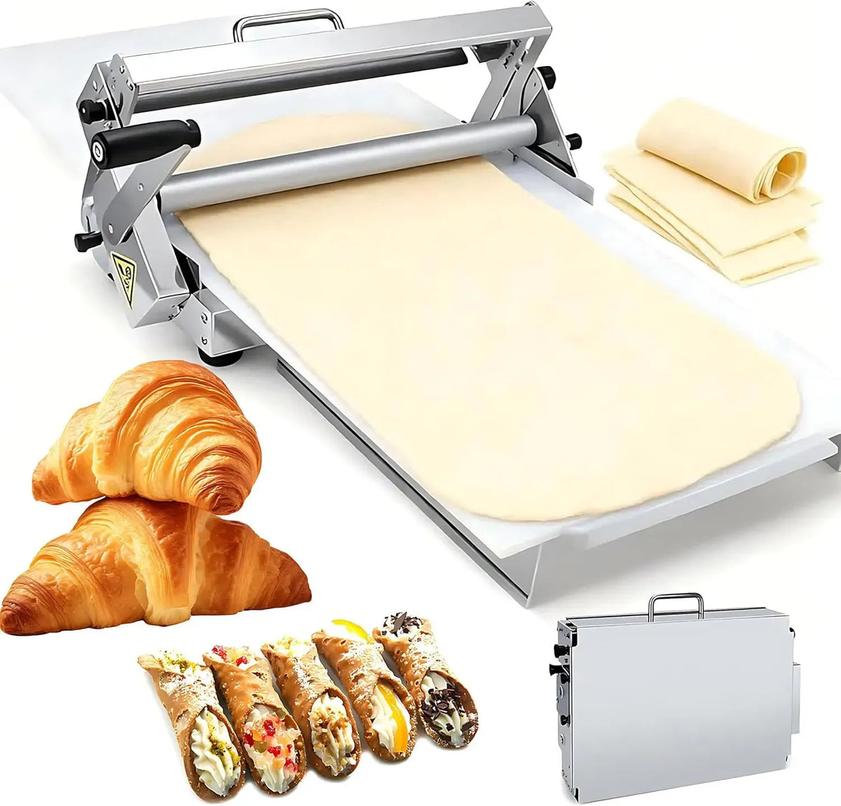 300-Model per Croissant, Sfogliatrice Pasticceria Manuale Pieghevole, Spessori Regolabili da 0 a 25 mm, Sfogliatrice Pasticceria Manuale In Acciaio