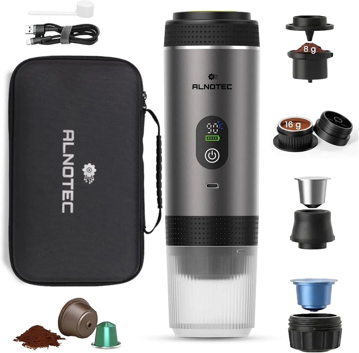 Macchina da caffè g/16, portatile, USB, 3 in 1 compatibile con capsule NES®, 2 Adattatori Caffè Macinato 8 g, LED, DG® e Caffè Macinato