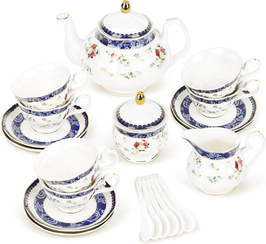 Moderno Set di Teiere in Porcellana, Set di Tazze da Caffè Vintage con Piattino, fanquare 21 Pezzi Set da Tè Pomeridiano Britannico con Rose Blu