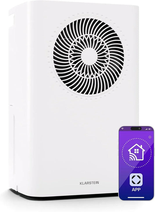 Klarstein 24h Deumidificatore, 12 L, 38 dB, portatile, timer, Wi-Fi, bianco, Stanze fino a 30m², Wi-Fi App